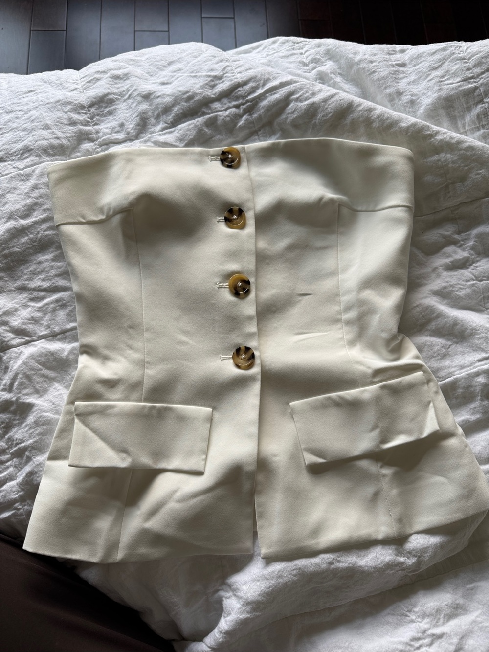 Amanda Uprichard White Strapless Corset Top with Tortoiseshell Button